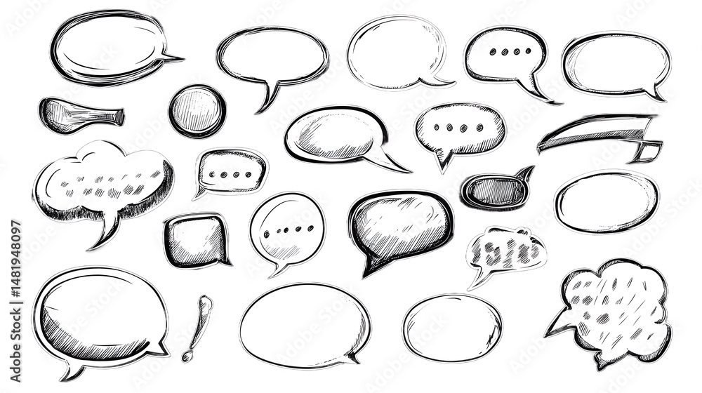 A collection of hand-drawn speech bubbles in various shapes and sizes, perfect for graphic design projects.
