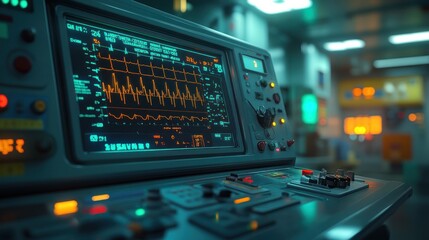 Futuristic medical device with vital signs display in a dimly lit laboratory