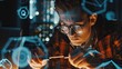 © Sami - Man with glasses working on technology with digital interface and bokeh lights in the background