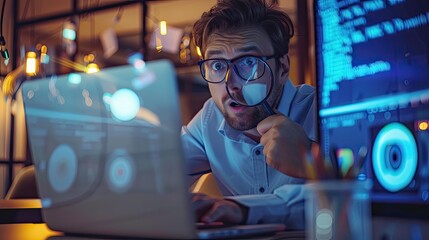 Man with glasses looking at laptop screen through magnifying glass with surprised expression on face