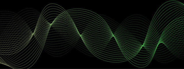 Poster - Abstract background design with wavy line pattern in bright green & black background. Green technology sound wave flow concept. Green particle wave of Network connection Cybernetics in Dark Background