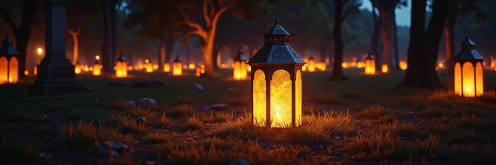 Poster - Glowing Lanterns in a Mysterious Cemetery at Night Illuminating the Dark with Warm Light