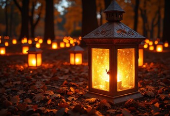 Poster - Glowing Lanterns in a Mysterious Cemetery at Night Illuminating the Dark with Warm Light
