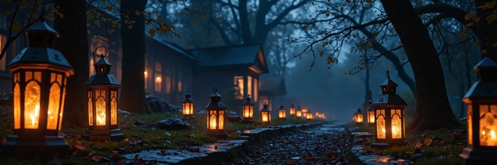 Poster - Glowing Lanterns in a Mysterious Cemetery at Night Illuminating the Dark with Warm Light