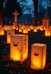 Poster - Glowing Lanterns in a Mysterious Cemetery at Night Illuminating the Dark with Warm Light