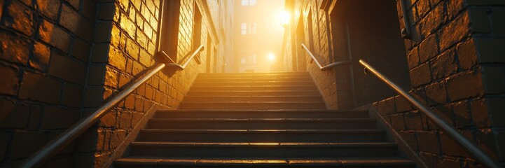 Poster - Mysterious Staircase in Fog with Warm Light Atmospheric Scene for Suspense Mystery and Fantasy