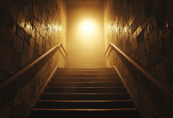 Poster - Mysterious Staircase in Fog with Warm Light Atmospheric Scene for Suspense Mystery and Fantasy