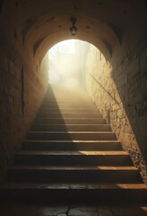Poster - Mysterious Staircase in Fog with Warm Light Atmospheric Scene for Suspense Mystery and Fantasy