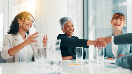 Poster - Business people, applause and handshake at office with meeting, profit and goals at finance agency. Group, women and excited with promotion, celebration and achievement with revenue growth at company