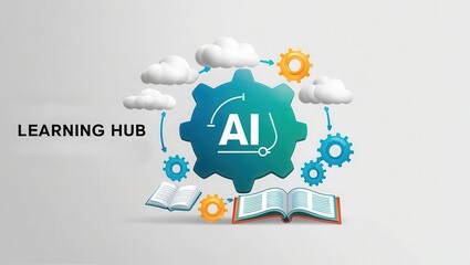 AI learning tools virtual classroom concept. AI-themed learning hub graphic with gears, clouds, open books, and 