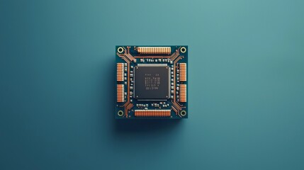 Microprocessor circuit board on a blue background showcasing intricate design and features from a close-up perspective