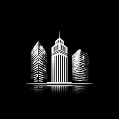 Poster - Architectural Majesty: Black and White Minimalist Skyscrapers with Reflections on a Dark Cityscape