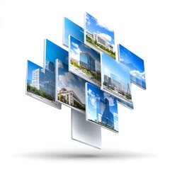Poster - Architectural Montage: Floating Cityscapes and Coastal Views on White Boards, Modern Design and Urban Scenery