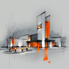 Aufkleber - Architectural Sketch: Modern Building with Dramatic Orange Illumination, Light and Shadow interplay