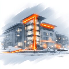 Poster - Architectural Sketch: Modern Building with Orange Accents on a Winter Day, Creating a Striking Contrast.