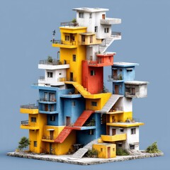 Poster - A Striking Vertical Stack: A Colorful Architectural Marvel of Connected Buildings and Staircases