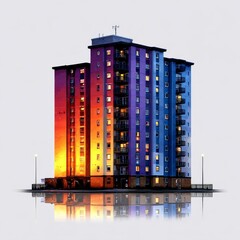 Poster - Colorful Reflections: Urban Apartment Complex at Dusk Reflecting onto Water