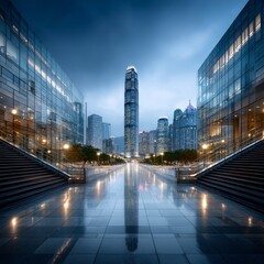 Poster - Hong Kong Skyline at Dusk: Reflections on Modern Architecture, with a staircase leading to the illuminated cityscape