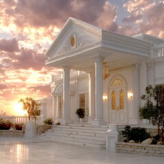 Aufkleber - Luxury Mansion at Sunset: Elegant White Facade with Columns, Golden Details, and a Dramatic Sky