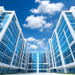 Poster - Modern Architecture: Low-Angle View of Glass and White Buildings Reaching for the Clear Blue Sky.