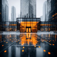 Poster - Reflections of Warmth: Modern Architecture Glows in the Winter Dusk of a City Skyline 