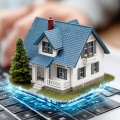 Fototapete - Smart Home Technology: Miniature House Integrated with Futuristic Digital Network on Laptop Keyboard