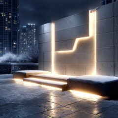Aufkleber - Urban Sanctuary: Modern Architecture Meets Winter's Embrace in Illuminated Tranquility
