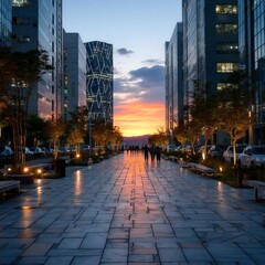 Poster - Urban Sunset: Strolling through the City Park at Twilight as the Sky Paints a Vibrant Canvas Above Skyscrapers