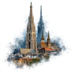 Poster - Vienna Skyline Watercolor: Majestic St. Stephen's Cathedral and Cityscape Art Print