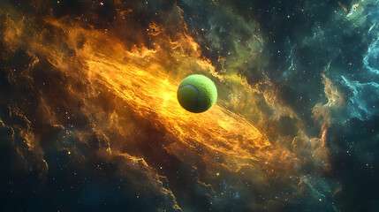 Wall Mural - Tennis ball in a vibrant cosmic nebula.
