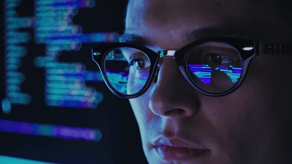 Young male programmer reflected in glasses analyzing source code in dark environment, technology development and coding focus concept