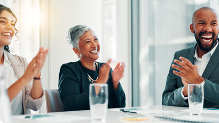Aufkleber - Business people, applause and success with team at meeting, revenue or goal at finance agency. Man, women and excited with cheers, celebration or smile for achievement with profit growth at company