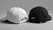 © Shahriar - White and black baseball caps mockup on a grey background, back view. .