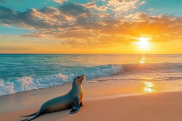 Wall Mural - A sea lion rests on a sandy beach at sunset, ocean waves gently crashing. Showcase nature's beauty with wild animal for travel or environmental themes.
