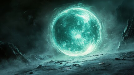 Wall Mural - a brilliant circular object lies stationary on an uneven plane in a blackness-filled space