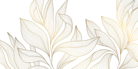 Fototapete - Vector golden on white line leaves pattern, luxury nature illustration, plant flower texture background. Boho foliage ornament, summer floral design, jungle banner