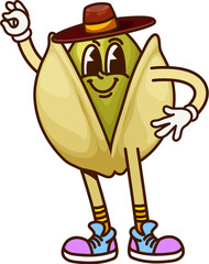 Aufkleber - Cartoon groovy pistachio nut and seed cowboy and bandit character wearing retro cowpuncher hat, standing with finger an ok gesture and friendly smile. Isolated vector healthy snack food y2k personage