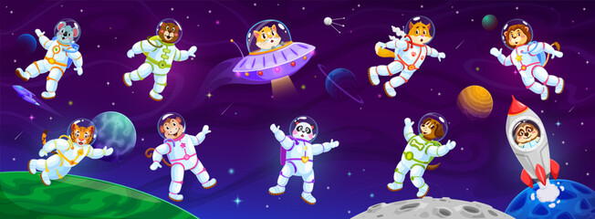 Wall Mural - Cartoon funny animal astronauts in galaxy outer space, vector spaceman personages. Cartoon zoo animal astronauts in spacesuits, cat in alien UFO and bear in rocket shuttle, lion and panda in space sky