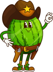 Poster - Cartoon groovy watermelon sheriff or cowboy ranger and bandit, vector character. Funny groovy watermelon in cowboy hat as Wild West sheriff or Western ranger and fruit bandit character with Ok gesture