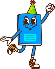 Aufkleber - Cartoon groovy school notebook stationery character. Isolated vector retro book or textbook personage with big expressive eyes and cheerful friendly smile, showing pointing gesture with raised hand