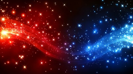 Wall Mural - illustration of optic fibers up close with blue and red light bokeh in the background, featuring a f