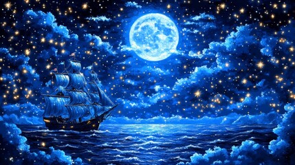 Wall Mural - under the moon's illumination, a mysterious pirate ship moves smoothly across the ocean, its sails c