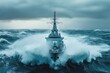 © EUT - Navy warship cutting through rough, stormy ocean waves under an overcast sky. Show power, resilience, or maritime strength in a presentation or campaign.
