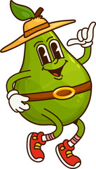 Aufkleber - Cartoon groovy pear cowboy, sheriff, ranger and bandit character smiling and dancing with cheerful shaka gesture. Vector hippie fruit personage in wide straw hat with leaf, red sneakers and brown belt