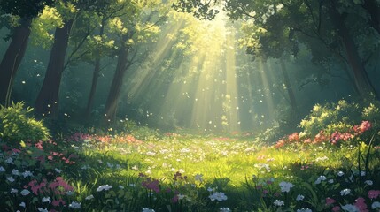 Wall Mural - sunlight streams through forest trees, illuminating wildflowers below. use this image for magical, f