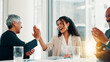 © peopleimages.com - Business people, winner and high five in promotion, announcement or negotiation success at office. Employees, team celebration or group applause for partnership, prize or workplace contract goal