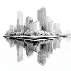 Poster - Architectural Vision: A Monochrome Cityscape Reflected in Tranquil Waters, A Study in Geometric Forms and Urban Design.