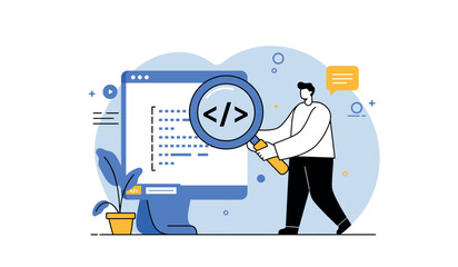 Web development and coding concept with programmer analyzing code for software design