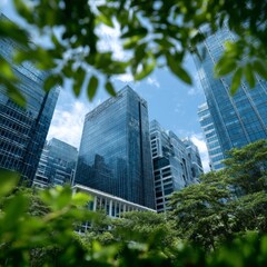 Poster - Urban Oasis: Skyscrapers Framed by Lush Greenery, a Blend of Modern Architecture and Natural Beauty