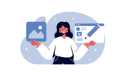 Graphic design concept with person holding image and editing icons